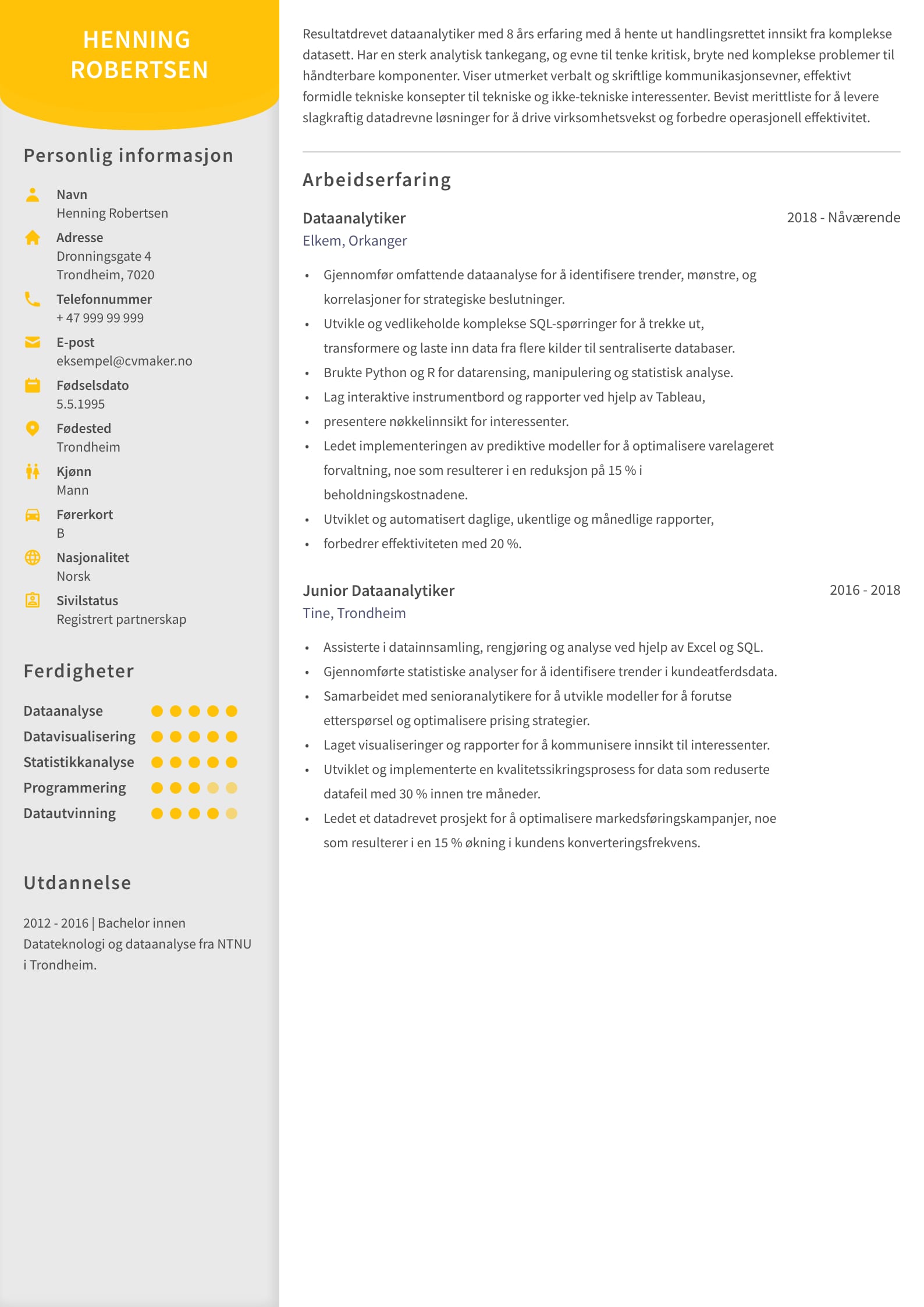 CV eksempel for dataanalytiker