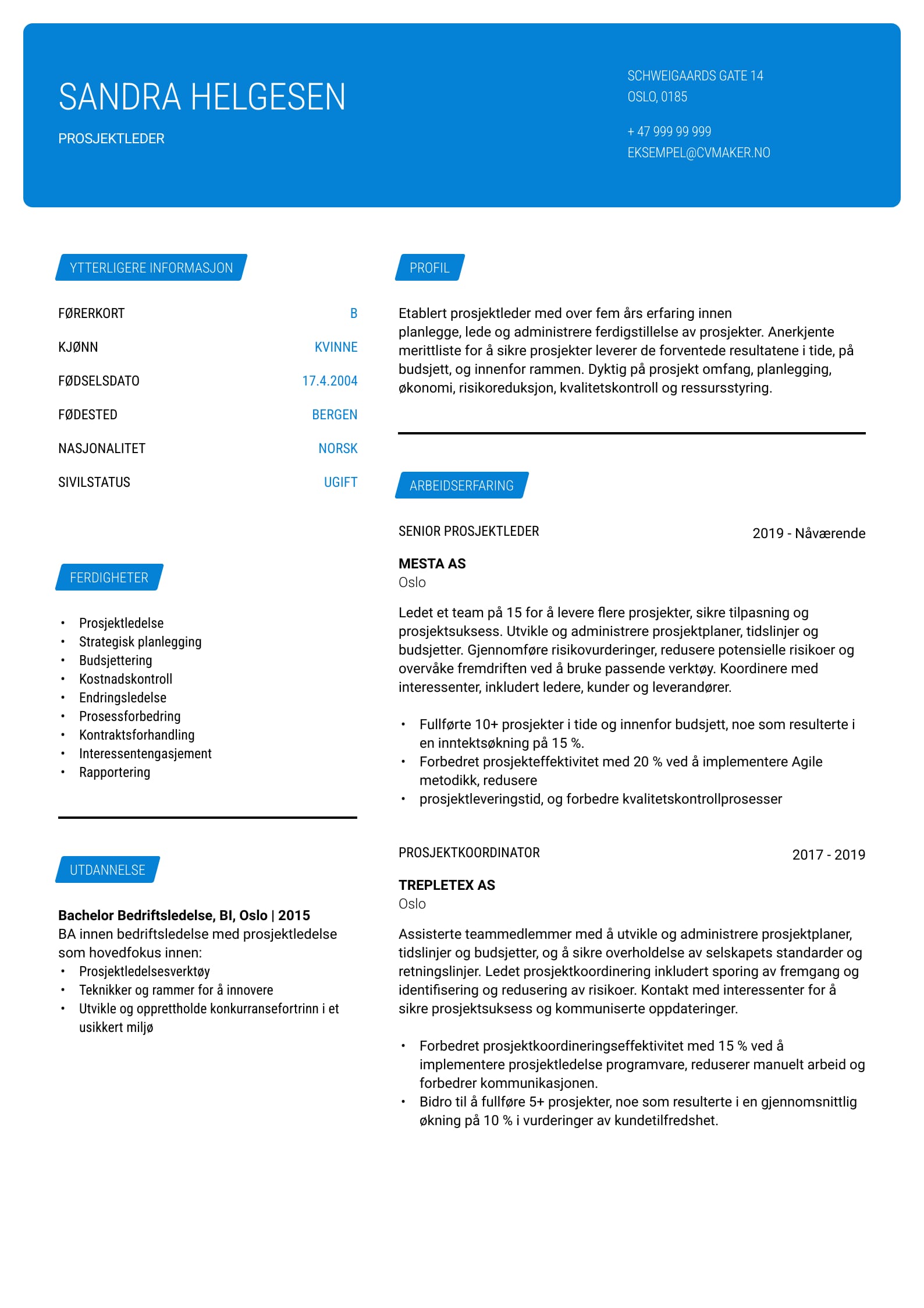 Prosjektleder CV eksempel 