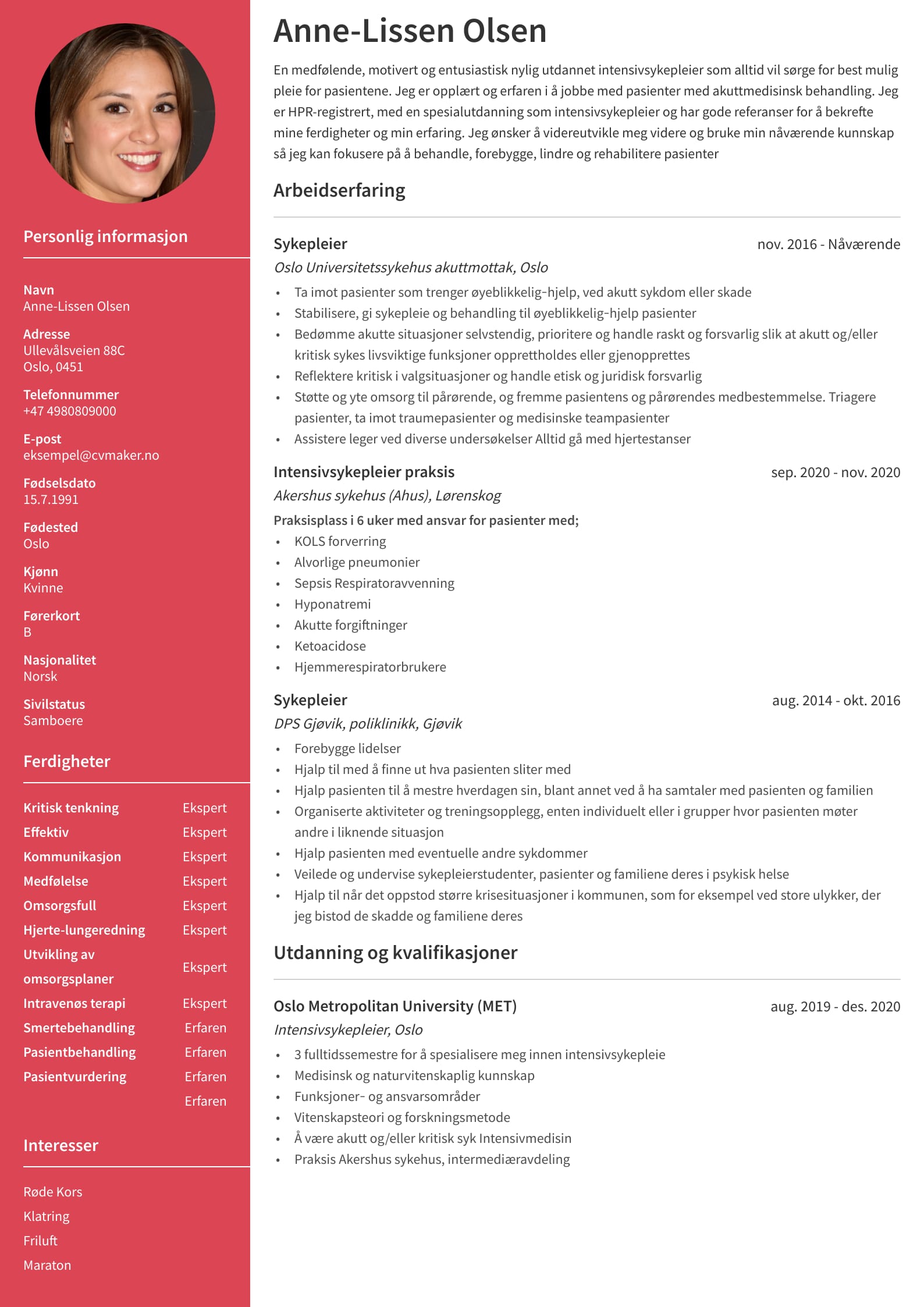 CV for sykepleier